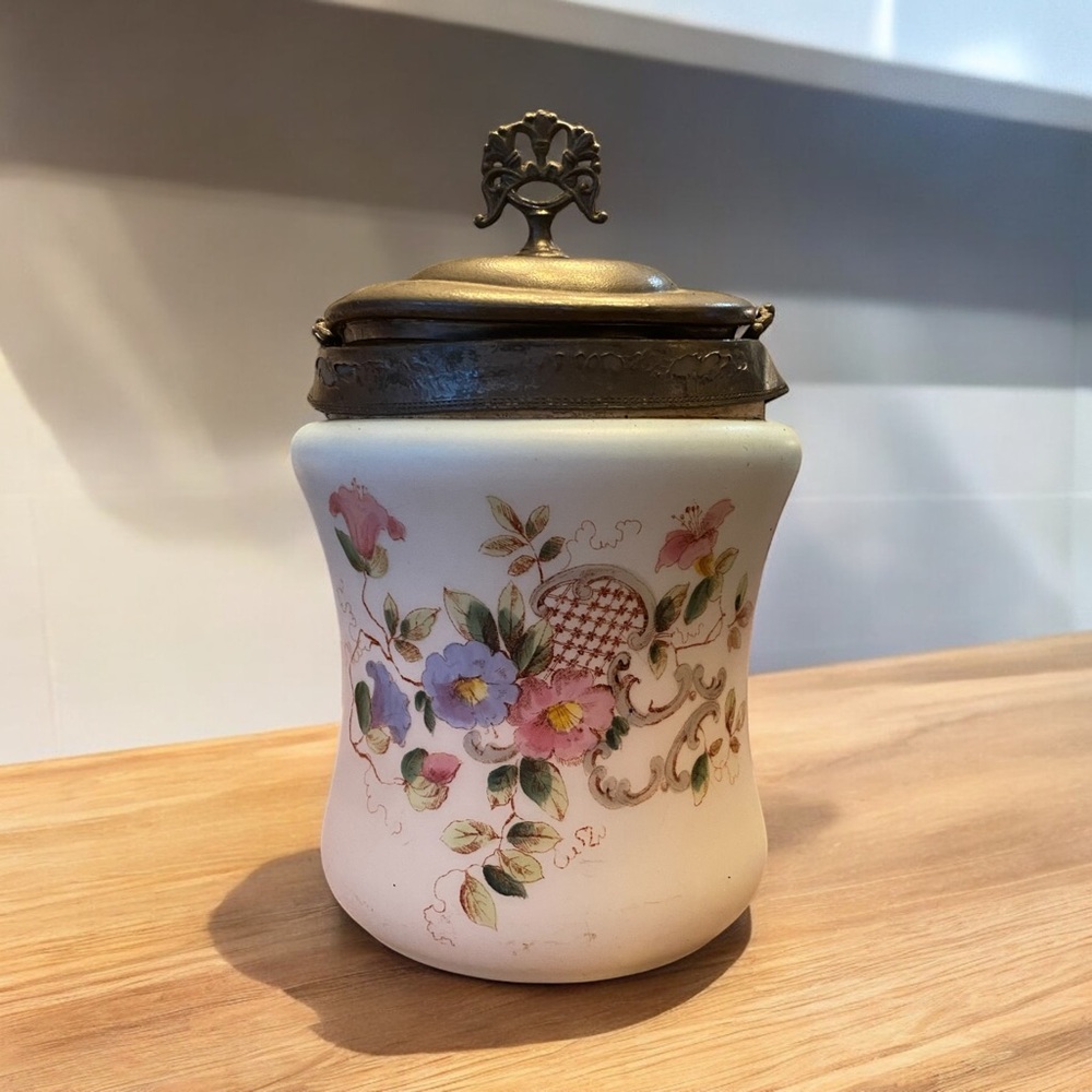Antique Victorian Bristol Glass Biscuit Jar Hand Painted Floral Barrel